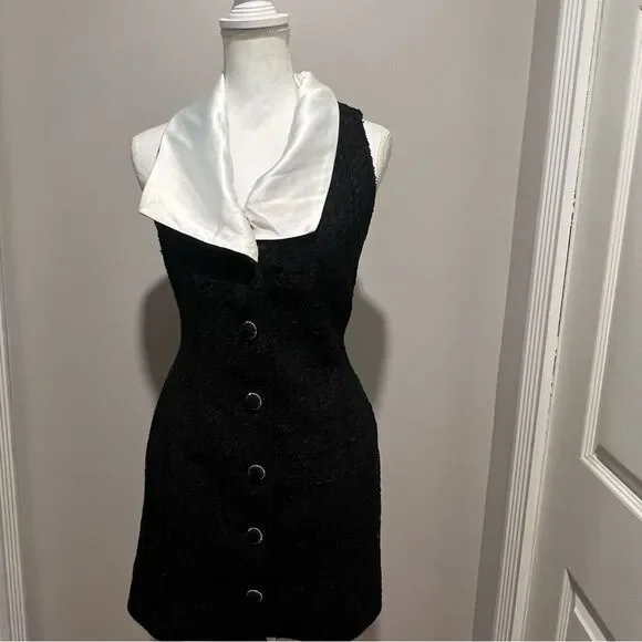 NWT Endless Rose Contrast Collar Tweed Mini Dress size xs women's with pockets!